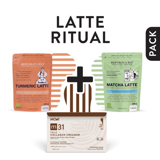 LATTE RITUAL PACK, pachet promotional (Matcha Latte + Turmeric Latte + m31 colagen creamer), natural, 505g